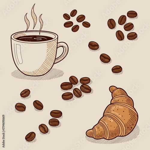 Coffee Cup, Croissant, and Coffee Beans A Morning Delight Illustration