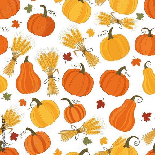 Seamless pattern with pumpkins, autumn leaves, and wheat sheaves, celebrating fall harvest and Thanksgiving