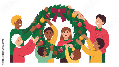 Christmas Garland Creation: A diverse group collaboratively decorates a vibrant garland, showcasing unity and festive cheer for the holiday season.