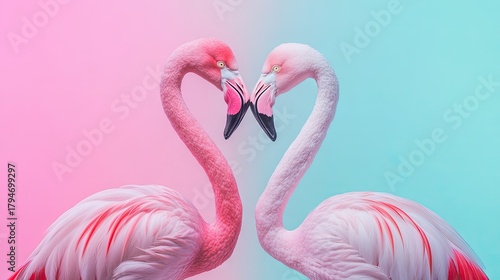 Two graceful flamingos with vibrant feathers forming a heart shape against a soft pink and blue background, symbolizing love and connection in nature.