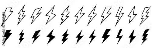 black and white grass, Lightning bolt icon. Flash symbol, thunderbolt, blitz lightnings strike sign. Electric energy black silhouettes, power concept. Vector isolated dynamic sports logo set