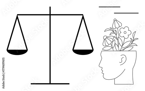 Scales representing balance paired with a head sprouting flowers symbolizing mindfulness, mental growth, and harmony. Ideal for self-care, well-being, psychology, decision-making, personal growth