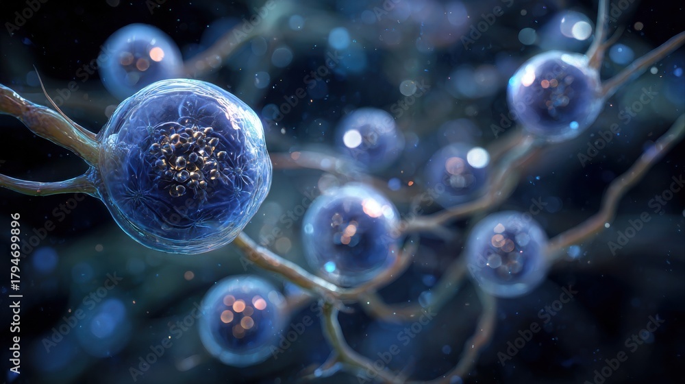 Naklejka premium glowing blue microscopic cells intricate structure