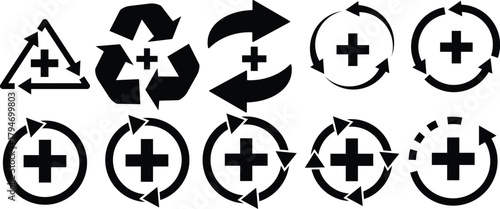 Health recovery icon set. Medical plus sign with refresh symbol. medical care, health services, or a refresh cycle, isolated on transparent  background

