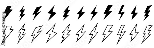 Lightning bolt icon. Flash symbol, thunderbolt, blitz lightnings strike sign. Electric energy black silhouettes, power concept. Vector isolated dynamic sports logo set grass silhouette vector