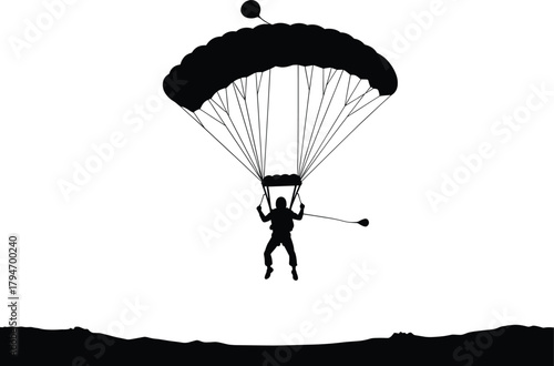 Black silhouette of a skydiver descending with parachute, skydiver, parachute, skydiving, freefall, jump, descent, silhouette, black and white, extreme sport, adventure, aerial, activity, sport, recre