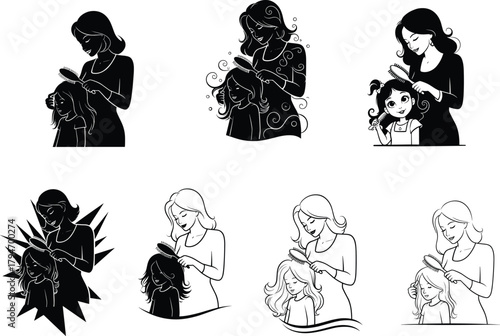 Mother, child, hair combing, silhouette, grooming, bonding, care, love, family, black, vector, illustration, woman, girl, nurturing, parenting, hairstyle, beauty, routine, affection