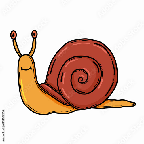 Cute hand drawn smiling snail cartoon vector illustration isolated on white background
