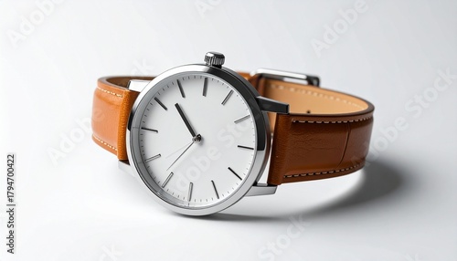 Wallpaper Mural Minimalist wristwatch with white face, black hour markers and hands, silver case, and brown leather strap; time set to 10:10, placed on a light gray surface with soft shadow. Torontodigital.ca