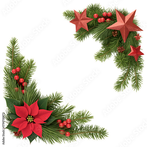 Festive christmas corner decorations featuring red poinsettias and fir branches with berries