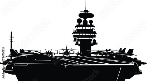 Black silhouette of aircraft carrier with fighter jets and helicopter, aircraft carrier, silhouette, black and white, military, navy, warship, fighter jet, airplane, helicopter, deck, flight deck, avi