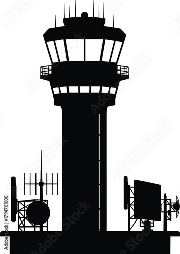 Black silhouette of an air traffic control tower with antennas, air traffic control tower, airport, aviation, communication, technology, silhouette, black and white, tower, antenna, radar, radio, tran