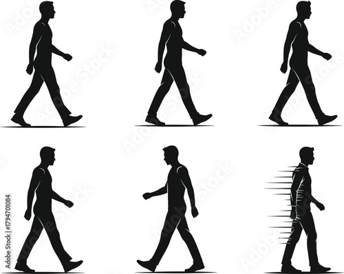 Walking cycle silhouettes, black and white illustration, human motion stages, dynamic movement, biomechanics, animation reference, speed transition, expressive poses