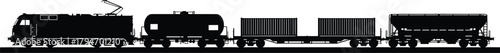Black silhouette of an electric train with cargo containers and tank car, train, silhouette, black, white, electric train, locomotive, cargo, container, tank car, freight, transportation, industry, ra