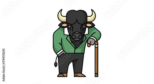Cartoon bull character in green jacket with cane isolated on white