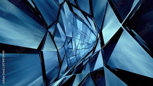 Fototapeta Naklejka Na Ścianę i Meble -  Intricate, dark blue, fractured geometric tunnel.