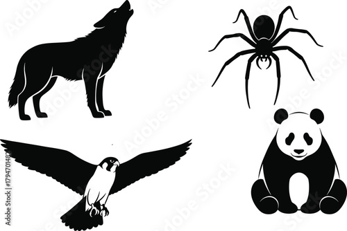 Animal silhouettes, wolf, spider, bird, panda, black shapes, wildlife icons, nature creatures, vector art, isolated animals, illustration