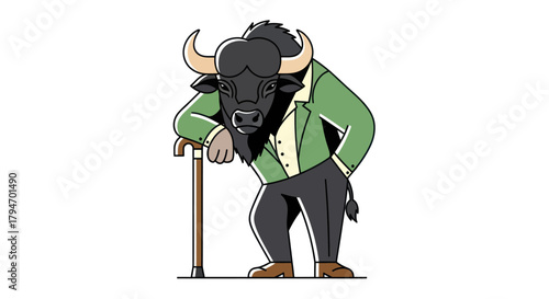Cartoon bison in stylish attire leaning on cane white background vector