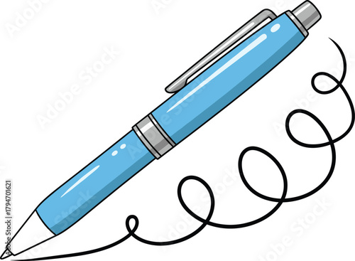 Ballpoint pen, blue ink, writing spiral, drawing motion, stationery tool, silver clip, vector illustration, isolated object, stock image