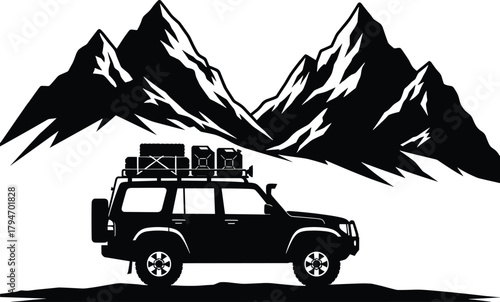 Black silhouette of an off road vehicle loaded with gear in front of mountains, off road vehicle, 4x4, suv, mountains, silhouette, black and white, adventure, travel, expedition, camping, wilderness, 