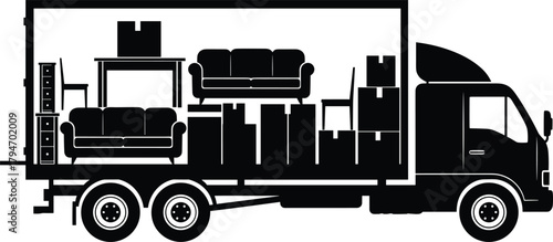 Black silhouette of moving truck filled with furniture and boxes, moving truck, truck, cargo, transport, delivery, logistics, furniture, sofa, armchair, table, chair, dresser, cabinet, boxes, cardboar