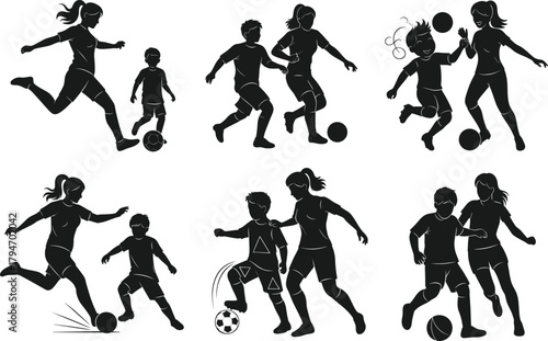 Soccer silhouettes of adults and children playing, black and white illustration, teamwork, learning, sports activity, dynamic poses, family interaction
