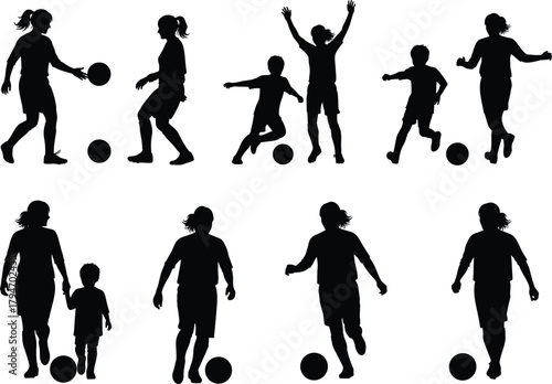 Soccer silhouettes of adults and children, black and white illustration, playful interaction, physical activity, bonding moments, sports movement, family fun