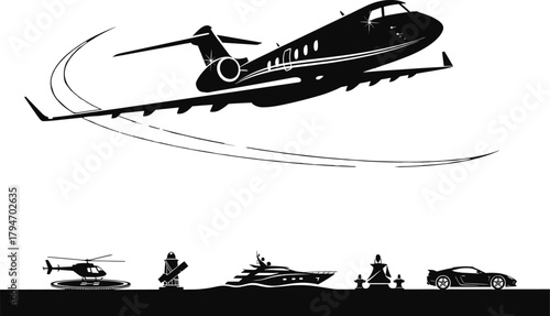 Black silhouette of private jet helicopter yacht and sports car, private jet, airplane, aircraft, helicopter, yacht, boat, ship, sports car, automobile, vehicle, transportation, luxury, travel, speed,