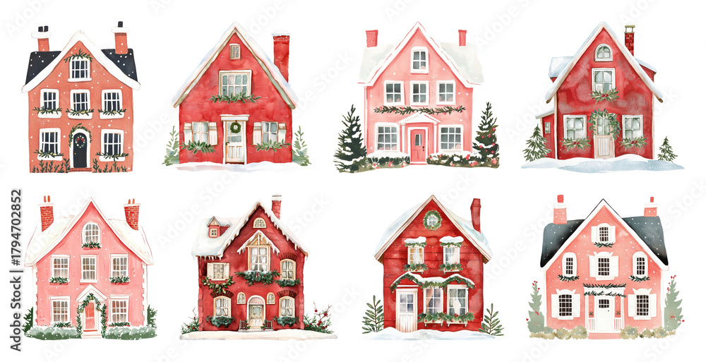 Naklejka premium PNG Charming winter village illustration, element set on transparent background