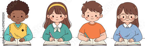 Cartoon children, writing books, classroom scene, diverse students, learning activity, vector illustration, education theme, isolated characters, stock image