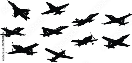 Collection of black silhouette aircraft in flight airplane, airplane, jet, propeller plane, fighter jet, silhouette, black, white background, aviation, flight, aircraft, transport, travel, speed, powe
