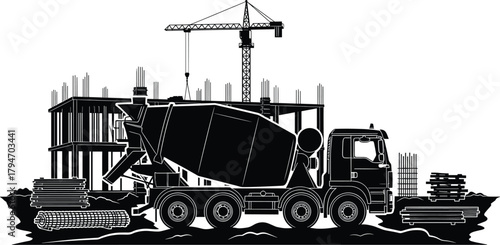 Construction site with concrete mixer truck and crane, construction, building, site, concrete mixer truck, crane, tower crane, building under construction, rebar, steel bars, lumber, construction mate