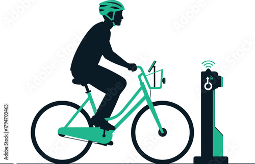Cyclist in helmet riding bicycle near smart bike station, bicycle, bike, cyclist, riding, helmet, cycling, transportation, urban, city, commute, smart, technology, station, dock, rental, sharing, app,