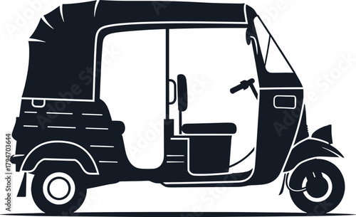 Dark blue silhouette of a three-wheeled auto rickshaw, auto rickshaw, tuk, three wheeler, vehicle, transportation, silhouette, dark blue, graphic, icon, symbol, transport, travel, city, street, taxi, 