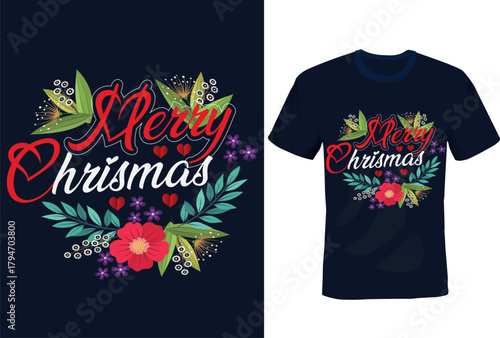 Elegant -Floral -Merry- Christmas- Script -T-Shirt Graphic Design