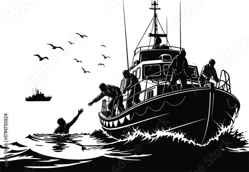 Rescue boat reaching out to person in water with birds flying, rescue, boat, person, water, ocean, sea, help, hand, reaching, drowning, saving, life, hope, teamwork, assistance, maritime, nautical, sh