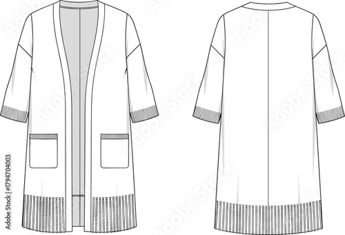 Cad drawing flat vector illustration of women’s open-front cardigan featuring detailed front and back technical fashion sketch with pockets, fringe hem, and half sleeves