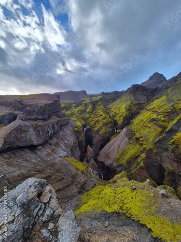 A breathtaking view of Múlagljúfur Canyon with Hangandifoss waterfall cascading down moss-covered cliffs in southern Iceland. A hidden gem offering dramatic landscapes and peaceful solitude.