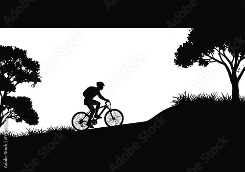 Silhouette of cyclist riding bicycle on grassy hill with trees, silhouette, cyclist, bicycle, riding, biking, mountain biking, sport, outdoor, activity, recreation, nature, trees, grass, hill, landsca