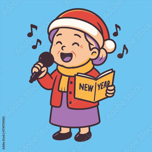 Joyful Grandmother Singing New Year Song With Microphone And Sheet Music - Flate Vector Logo Illustration