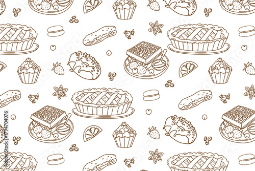 Vector illustration of a seamless pattern featuring various desserts and pastries. The design includes pies, muffins, waffles, and more, ideal for culinary-themed projects.