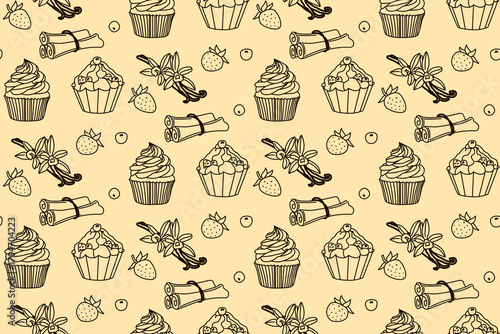 Seamless vector pattern featuring hand-drawn cupcakes, vanilla pods, cinnamon sticks, and berries. Ideal for textile design, wallpapers, and food-themed projects, offering a sweet and whimsical look.