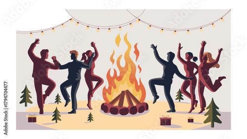 Foto Dancing by the Bonfire: A gathering of friends, silhouettes against the night, dance and celebrate around a crackling bonfire, their joy illuminated by the warm glow and festive lights