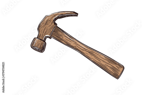 Hammer tool with wooden handle for construction equipment. Handcraft instrument for woodwork. Tool for carpentry work.