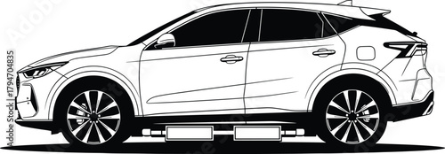 White S U V car outline side view with black windows and wheels, car, vehicle, suv, automobile, outline, line art, drawing, sketch, black and white, side view, profile, modern, transportation, travel,