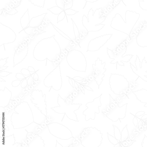 Seamless pattern with gray line art leaves on white background - outline leaf of maple, linden, poplar, ginkgo, and others. Print for textile, package, paper. Vector illustration, minimal style