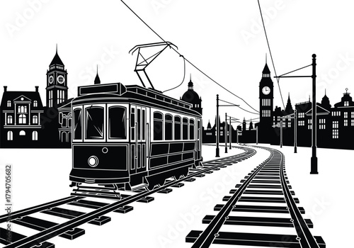 Black and white illustration of a vintage tram on tracks with city skyline, tram, streetcar, vintage, retro, transportation, public transport, city, urban, skyline, buildings, architecture, clock towe