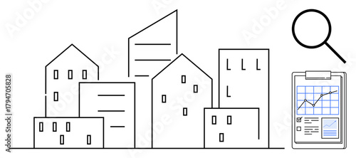 Outline of buildings, clipboard with graph, magnifying glass. Ideal for real estate, analysis, property research, urban planning, business strategy, market trends simple flat metaphor
