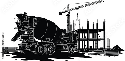 Black and white illustration of concrete mixer truck at construction site, construction, concrete mixer truck, crane, building, site, industry, heavy machinery, truck, architecture, development, infra