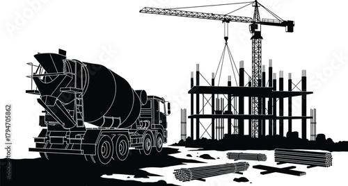 Black and white illustration of construction site with crane and cement truck, construction, building, crane, cement truck, concrete, rebar, steel, lumber, site, industry, heavy machinery, architectur